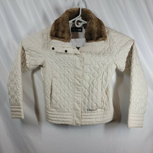 Marmot Jackets & Blazers - Marmot St Moritz Ivory Quilted Puffer Faux Fur Collar Warm Zip Jacket Medium EUC